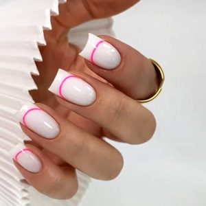 Medium Press on Nails Square Fake Nails French False Nails with Pink Line Design Glossy Acrylic Nails Full Cover Stick on Nails Jelly Press on Nails for Women Girls DIY Manicure 24Pcs