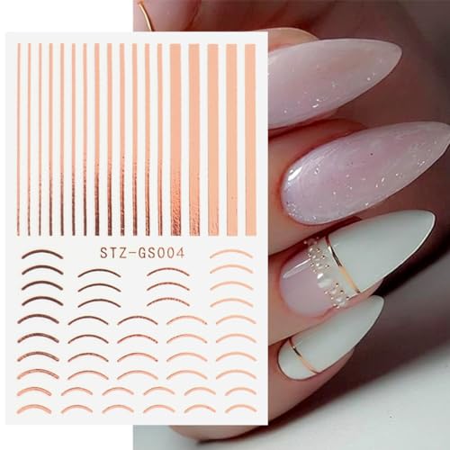 French Tips Nail Art Stickers - 3D Simple Lines Nail Stickers 6PCS Golden Rose Silver Curve Stripe Line Design French Nail Decals Self-Adhesive Nail Art Supplies Swirl Gel Nail Sliders for Women Girls - Image 6