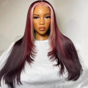 Highlight Ombre Human Hair Wigs Pink Skunk Stripe Wig Human Hair 99J Red Colored 4x4 Lace Closure Wig Straight Texture Transparent HD Pre Plucked (18 Inch)
