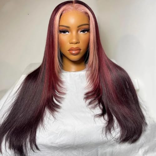 Highlight Ombre Human Hair Wigs Pink Skunk Stripe Wig Human Hair 99J Red Colored 4x4 Lace Closure Wig Straight Texture Transparent HD Pre Plucked (18 Inch)