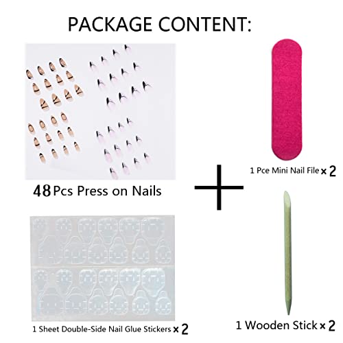 Press On Nails Short, Stripes French Fake Nails, 2packs (48 Pcs) Glossy Full Cover Acrylic Press on Nails Almond, Black Stick On Nails for Women and Girls - Image 6