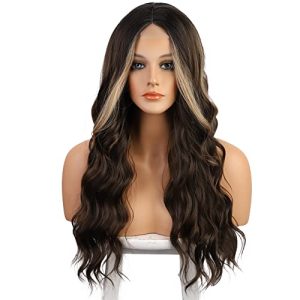 Wiginway Long Brown Wavy wig, Middle Part Synthetic Wig for Women, Body Wave Lace Front Wig for Daily Party Use, Brown Mixed Blonde, 24inch