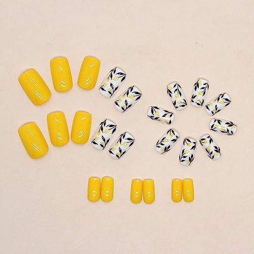 Yellow Press on Nails Medium Square Fake Nails Glossy False Nails With Leaves Flowers Designs Full Cover Stick on Nails Acrylic Coffin Artificial Nails Glue on Nails for Women Girls 24Pcs - Image 3
