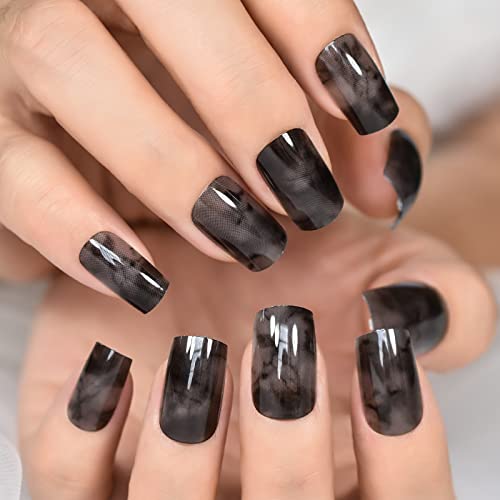 Ink Pattern Squoval Short Soild Color Black Color Press On Nails Salons At Home Daily Wear Reusable Manicure Datechable Fingernails Uv Gel Glossy Nail Tips Cute Lovely Cosplay Wear - Image 7
