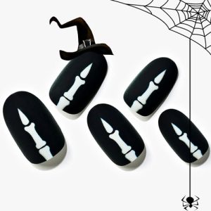 GLAMERMAID Press on Nails Short Oval for Halloween, Gothic Black Skull Fake Nails Gel with Skull Design Medium Almond Glue on Nails for Women, Round Acrylic False Nail Kits Stick on Nails