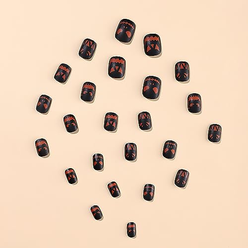 Halloween Short Square Black Matte Press On Nails with Orange Pumpkin Design 24pc Set - Image 4