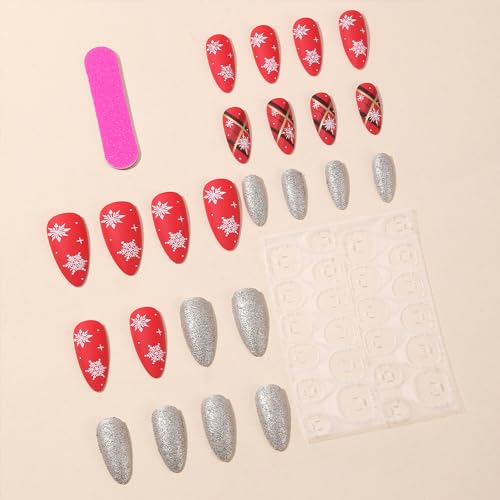 Xmas White Snowflake Long Almond Press on Nails Silver Glitter for Women Set - Image 2