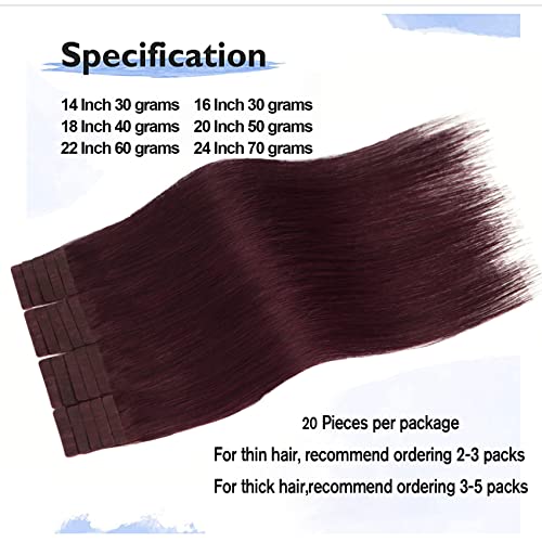 Aison Tape in Hair Extensions Real Human Hair Wine Red 99j 100% Remy Human Hair Extensions Burgundy Silky Straight for Fashion Women 20 Pcs/Package(14Inch #99j 30g) - Image 2
