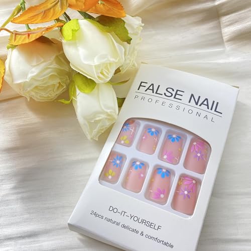 Square Press on Nails Medium Fake Nails with Colorful Flower Designs Stick on Nails Full Cover Cute Matte Pink Acrylic Nails False Nails Reusable Glue on Nails for Women Girls Spring Summer 24pcs - Image 4