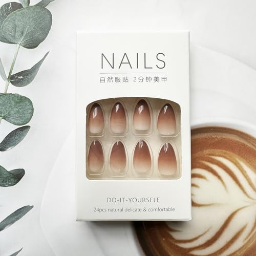 24 Piece Short Almond Brown Gradient Acrylic Press On Nails Full Cover Glossy Stick On Manicure - Image 6