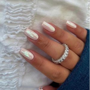 Coconut Pink Chrome Square Press on Nails Short Medium,KQueenest Mirror Metal Plating False Acrylic Nails Press Ons,Natural Fit Glue on Nails Short Coffin,Light Stick on Nails for Women in 24 PCS