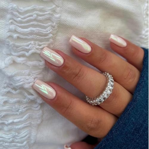 Coconut Pink Chrome Square Press on Nails Short Medium,KQueenest Mirror Metal Plating False Acrylic Nails Press Ons,Natural Fit Glue on Nails Short Coffin,Light Stick on Nails for Women in 24 PCS
