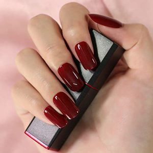 Dark Red Wine Color Solid Color Press On Nail Tips Medium Length Fake Nails Art Squoval Acrylic Manicure Salons At Home Uv Gel Glossy Fingernails Acrylic Full Cover Fingernails With Tabs