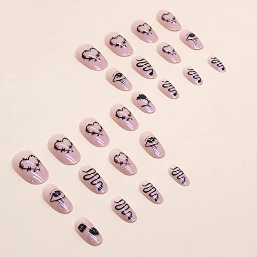 Short Almond Press On Nails Coffin Shape Full Cover Reusable False Nails Stick On Nails with Love Heart Eye Pattern Design Artificial Fingernails Acrylic Black Rose Fake Nails for Women Glue On Nails - Image 2