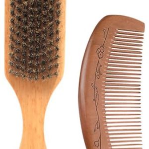 Wooden Boar Bristle Hair Brush and Comb Set, Paddle Boar Hairbrush for Smoothing Fine Thin Hair and Beard, Peach Wood Comb for Detangling, Boar Hair Beard Brush for Men, Make Hair and Beard Shiny Soft