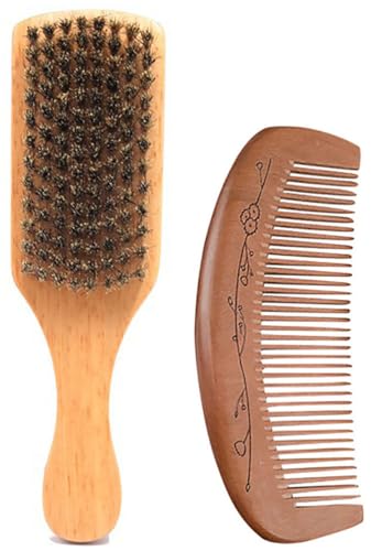 Wooden Boar Bristle Hair Brush and Comb Set, Paddle Boar Hairbrush for Smoothing Fine Thin Hair and Beard, Peach Wood Comb for Detangling, Boar Hair Beard Brush for Men, Make Hair and Beard Shiny Soft