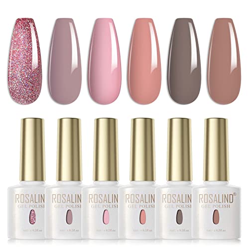 ROSALIND Nude Pink Gel Nail Polish Set, 6PCS Glitter Pink Gel Nail Polish Nude Gel Polish Gray Brown Gel Color Soak Off Nail Art Manicure DIY Salon at Home Gifts for Women Girls