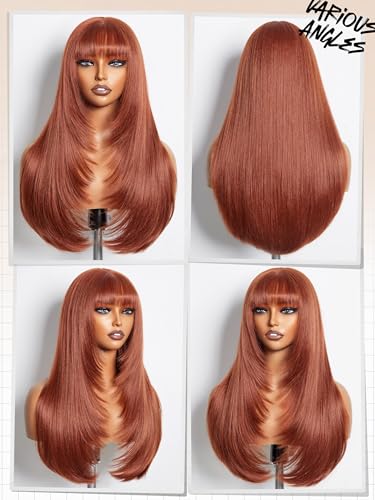 Straight Layered Wigs with Bangs Glueless Ginger Orange Wig 22 Inch Put On Go Wigs Crafted with Style-Archive™ Technology: Fiber & Remy Human Hair Blended with Natural Pre-Plucked Hairline - Image 5