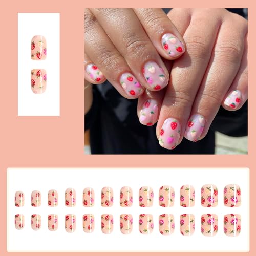 Cute Pink Strawberry Glossy Short Square Acrylic Press-On Nails 24 Piece Set - Image 2