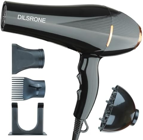 Professional 2200W Ionic Salon Hair Dryer with Diffuser and Attachments, Lightweight Travel AC Motor Constant Temperature Low Noise Curl Care Blow Dryers for Women Men (Black)