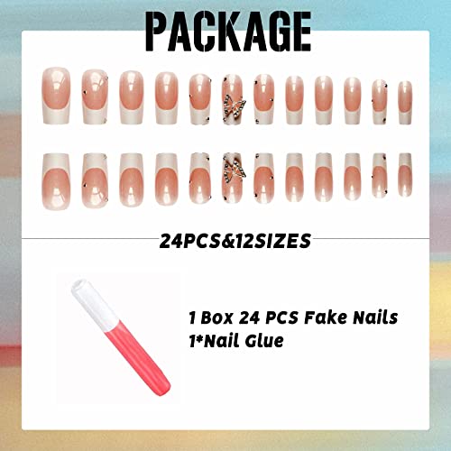 IMSOHOT Square Press on Nails Medium French Fake Nails Pearlescent Glossy False Nails Metal Silver Butterfly Rhinestones Squoval Full Cover Acrylic Nails Glue on Nails for Women 24pcs - Image 5