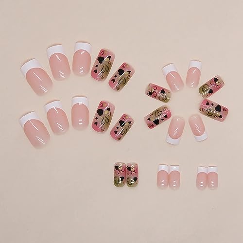 BABALAL Medium Square Press on Nails 24Pcs White French Tip Heart Acrylic Squoval - Image 2
