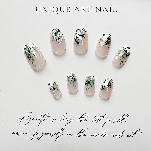 Almond Press on Nails Medium Length Fake Nails Cute Spring Summer Acrylic Nails Full Cover Round Head Shaped False Nails with Green Leaves Designs Glossy Nude Stick on Nails for Women Girls, 24Pcs - Image 4
