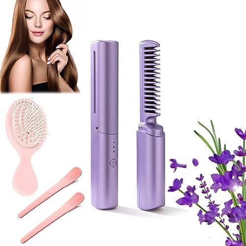 Rechargeable Mini Hair Straightener, Rechargeable Lazy Portable USB Wireless Hair Straightener Comb, Portable Cordless Hair Straightener Brush for Short and Long Hair (Purple)