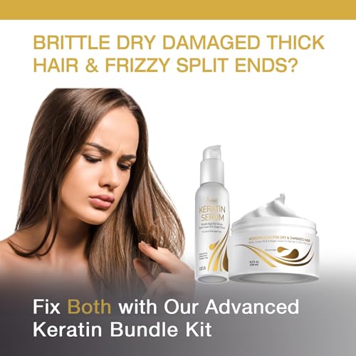 Vitamins Keratin Thick Hair Mask and Hair Serum Kit - Repair Treatment for Dry Damaged Curly Wavy or Straight Thick Coarse Hair and Heat Protectant, Anti Frizz Gloss Boost - Pro Salon Hair Care - Image 4