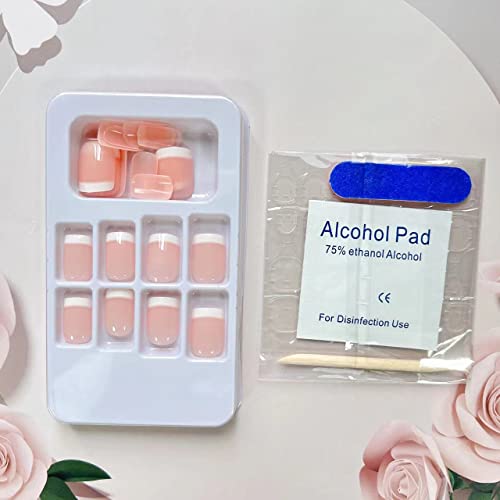 24 Piece Short Pink French Tip Glossy Full Cover Acrylic Press On Nails Set - Image 4