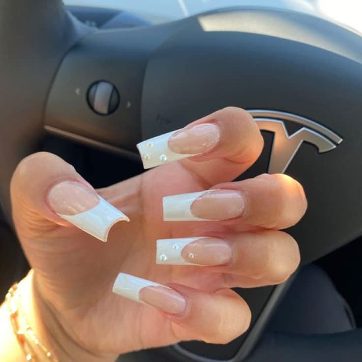 YOSOMK French Tip Press on Nails Long Fake Nails with Pearl Design Press On Coffin Acrylic Matte False Nails for Women Stick on Nails With Glue on Static nails - Image 3