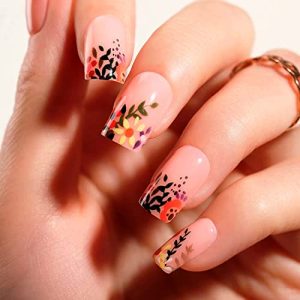Pink Medium Coffin Press On Nails 24Pcs Yellow Orange Flower Design