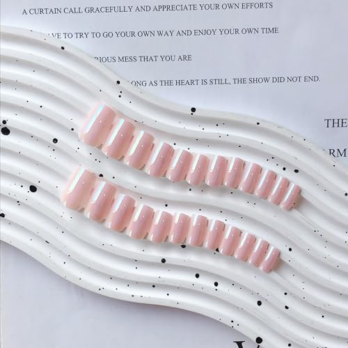 Coconut Pink Chrome Square Press on Nails Short Medium,KQueenest Mirror Metal Plating False Acrylic Nails Press Ons,Natural Fit Glue on Nails Short Coffin,Light Stick on Nails for Women in 24 PCS - Image 3