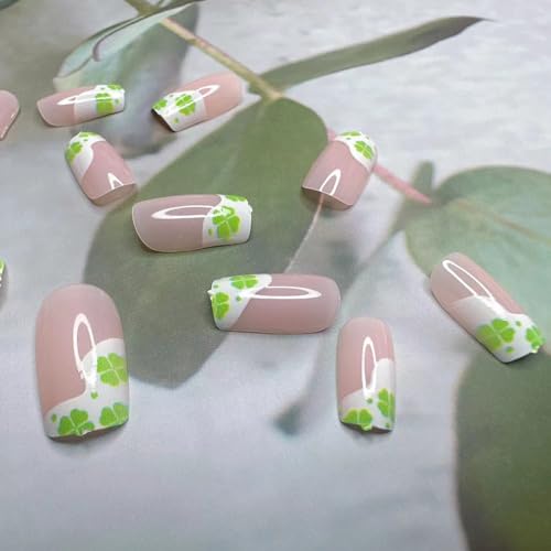 24 Piece St. Patrick's Day Nude Glossy French Tip Short Square Press On Nails with Shamrock Designs for Women. - Image 3