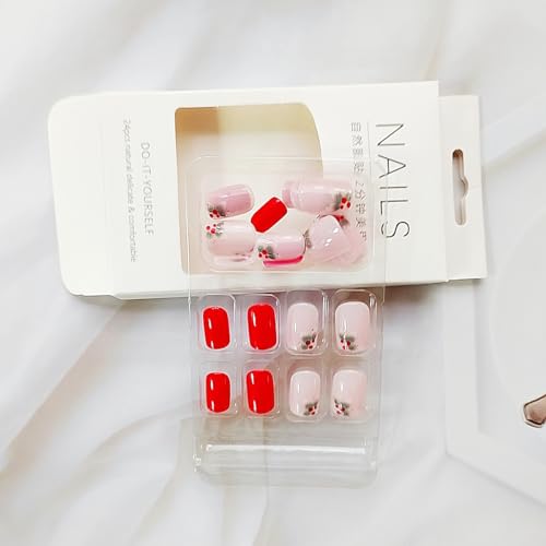 24 Pcs Red Press on Nails Short Square - Valentines Fake Nails Press ons Full Cover Nail Tips with Flowers Design Acrylic Nail Kit False Nails Stick on Nails for Women Manicure - Image 4