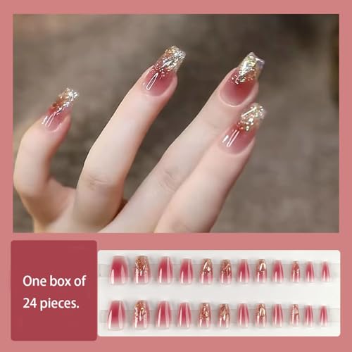 Blush Press on Nails with Charms Red Gradient Fake Nails Medium Length Coffin Nails with Designs Shiny False Nails Square Shape Full Cover Acrylic Nails for Women Girls Manicure Nail Decoration - Image 3