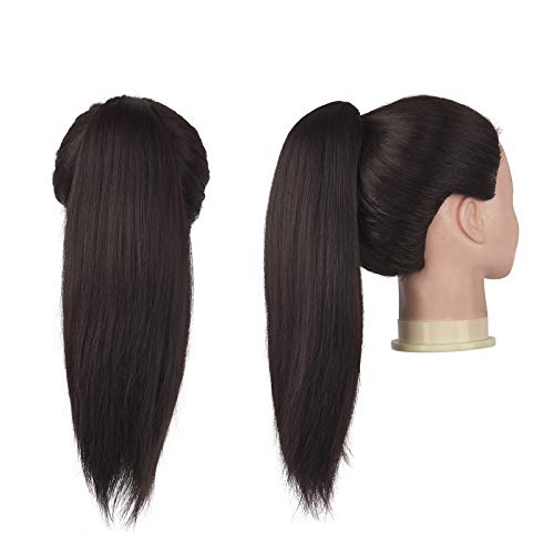 FESHFEN Straight Ponytail Extension 14 inch Natural Long Ponytails Wrap Around Clip in Pony Tail Hair Piece Synthetic Hairpieces for Women Girls, Dark Brown - Image 3