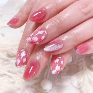RikView Almond Press on Nails Medium Fake Nails Pink Nails with Flowers Design Glossy Stick on Nails Full Cover Nails 24 PCS