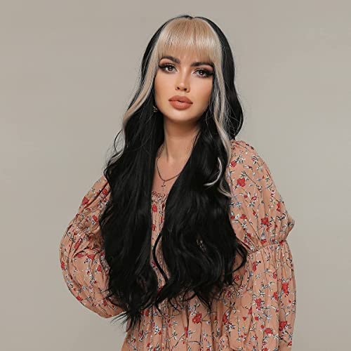 Skunk Stripe Wigs Black Mix Blonde Wig with Bangs for Women, Highlight Long Wavy Heat Resistant Hair for Daily Halloween Party Cosplay - Image 4