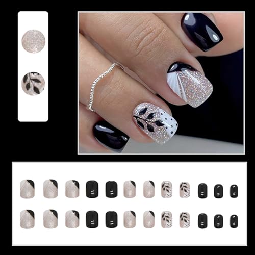 24Pcs Black Short Press on Nails Square Fake Nails Black Leaves Silver Glitter Design Glue on Nails French Color Matching Full Cover False Nails Glossy Coffin Artificial Stick on Nails for Women Girls - Image 3