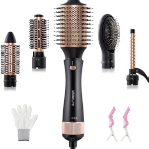 Hot-Air Blow Hair Dryer Brush - Fast Hair Drying, Straightening, Volumizer Hair Blow Brush 5-in-1 Kit for All Hair Types, Multiple Combo Option by 5 Detachable Brush Head