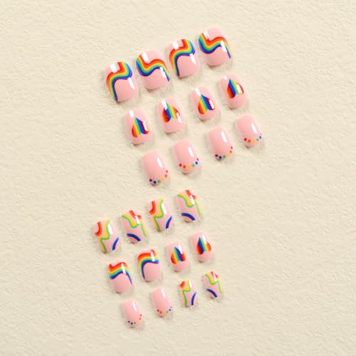 24Pcs Valentine Day Press on Nails Short Square Fake Nails Rainbow Stripes Hearts Colorful Glue on Nails Petite Reusable Acrylic Nails for Women Girls Gay Valentines False Nails - Image 2