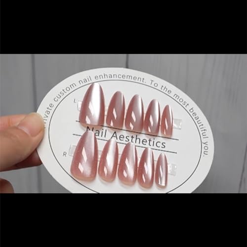 Almond Press on Nails Pink Fake Nails Cat Eye False Nails Glitter Full Cover Opaque Nails Press on Acrylic Nails with Glue on Nails Medium Length Stick on Nails Velvet Static Nails for Women and Girls - Image 5