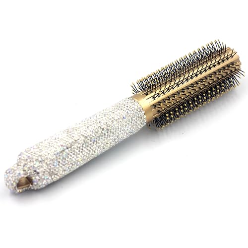 Bling Rhinestone Round Barrel Hair Brush - Quick Drying, Frizz Reduction, and Healthy Hair Styling and curling for All Hair Types, Adding Hair Volume (Silver)