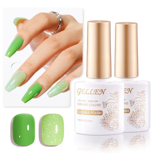 Gellen Gel Nail Polish Set, 2Pcs 10ml Green Color Gel Polish Glitter Nail Gel Polish Kit Soak Off Uv Nail Lamp Nail Art Manicure Salon DIY Gel Nail Design Decoration at Home