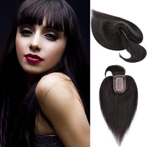 S-noilite Hair Toppers for Women Real Human Hair Topper with Bangs 6 Inch #1B Natural Black Silk Base clip in topper for Women with Thinning Hair 27g Hair Loss Cover 100% Real Human Hair