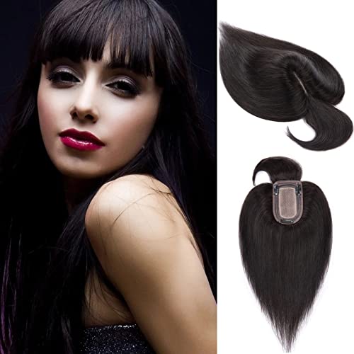 S-noilite Hair Toppers for Women Real Human Hair Topper with Bangs 6 Inch #1B Natural Black Silk Base clip in topper for Women with Thinning Hair 27g Hair Loss Cover 100% Real Human Hair