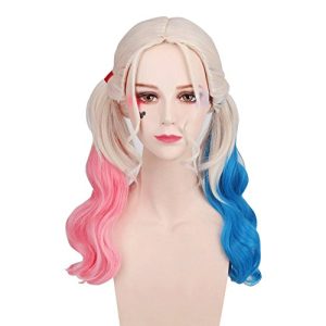 QACCF Long Curly Cosplay Wig with Ponytails for Cosplay Costume Halloween Party (Blue Pink Mix)