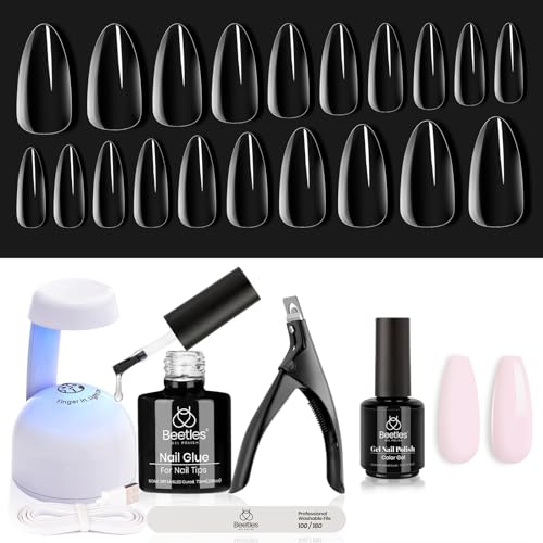 beetles Gel Polish 15ml Barely Pink Nails Gel Soak Off LED Nail UV LED Lamp with Easy Nail Extension Set 5 In 1 Nail Glue Gel Base Coat with Pre shaped Medium Almond Soft Gel Nail Tips Nail Art Diy