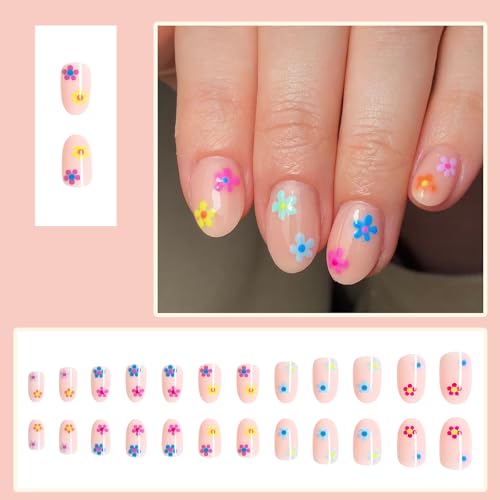 Spring Flowers Press on Nails Short Oval Glue on Nails with Colored Flowers Design Fake Nails Short False Nails Acrylic Nails Natural Full Cover Stick on Nail for Women Coffin Artificial Nails 24Pcs - Image 2